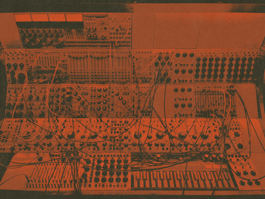 Red and white image of a Buchla modular synth.