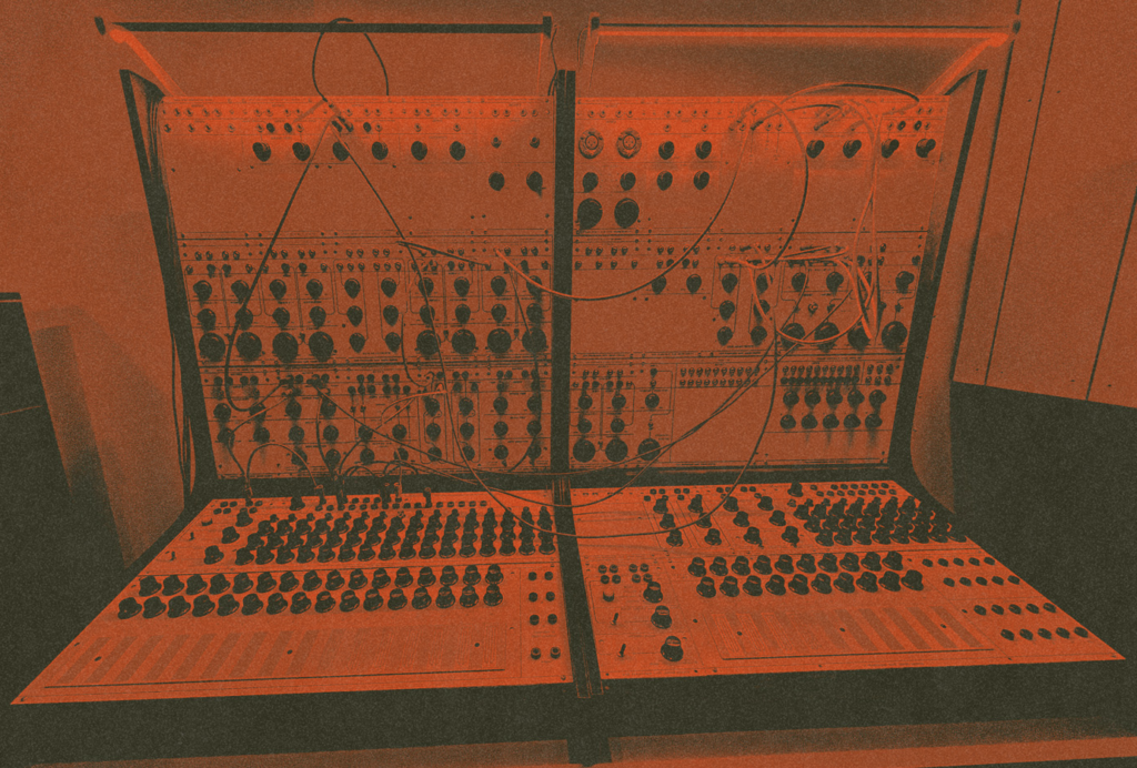 Red and white image of a Buchla modular synth.