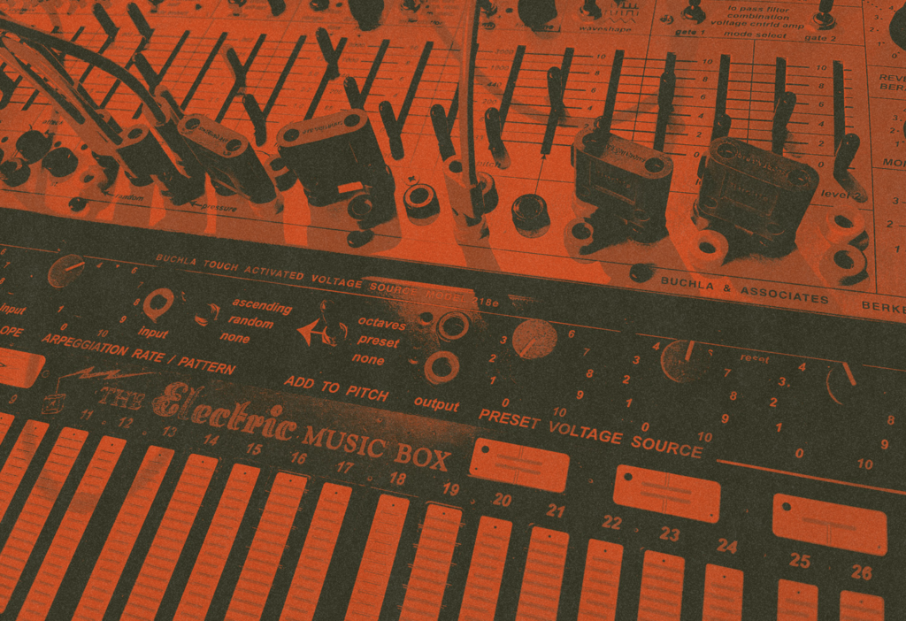 Red and white image of a Buchla modular synth.