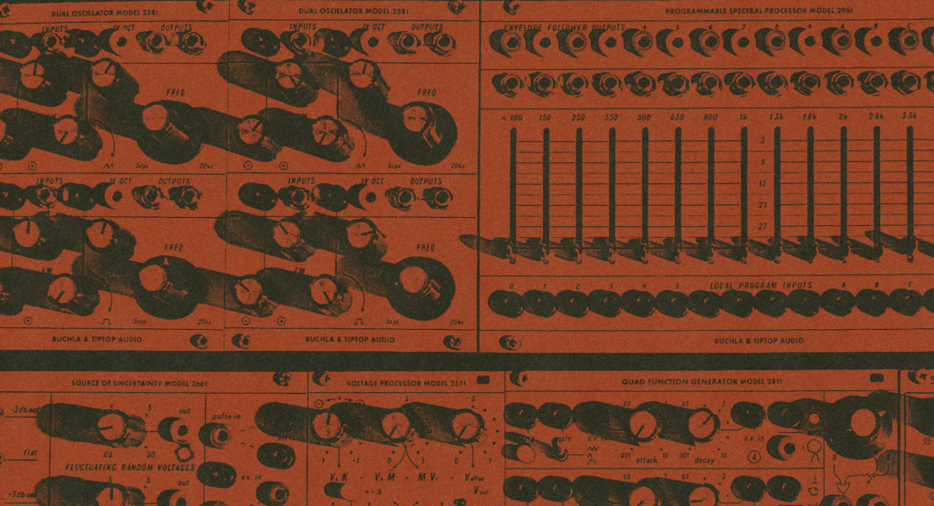 Red and white image of a Buchla modular synth.