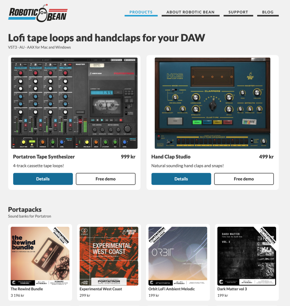 Screenshot of the web page, with Portatron, Hand clap Studio and 4 Portapacks.